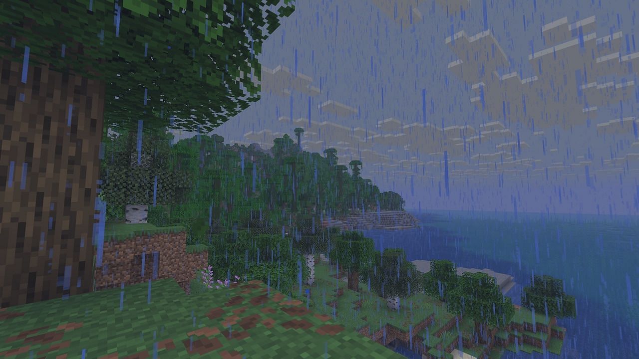 Standing in a rainy Forest with a Jungle far in the distance. Clouds stretching as far as the eye can see. (Image via Mojang)